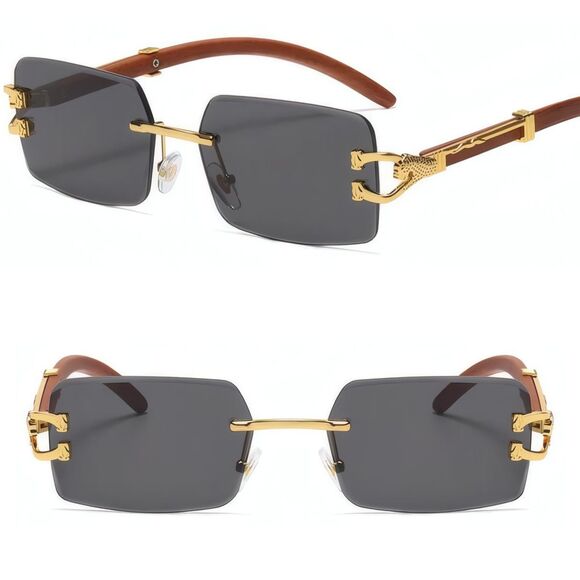 KISS Other - Look Rich Leopard Decor Faux Wood Gold Temple Rimless Hip Hop Black Sunglasses
